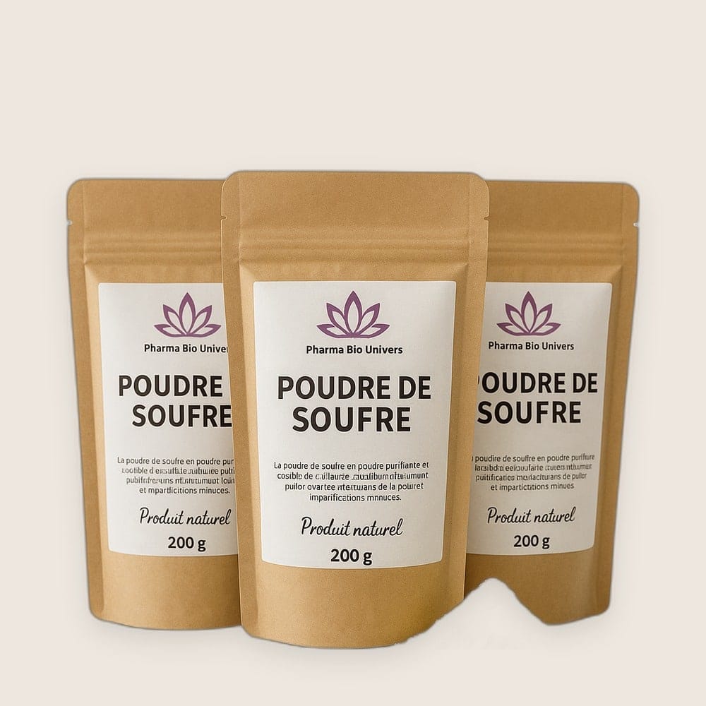 Pack Économique de Soufre en Poudre Royal Extra Bio & Fresh – 3 x 200 g – Origine Fès, Moulay Yacoub - fond neutre Pack Économique de Soufre en Poudre Royal Extra Bio & Fresh – 3 x 200 g – Origine Fès, Moulay Yacoub